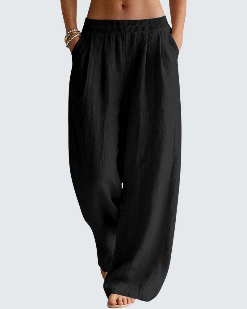 Pantalon Large Femme En Lin Et Coton Taille Élastique
