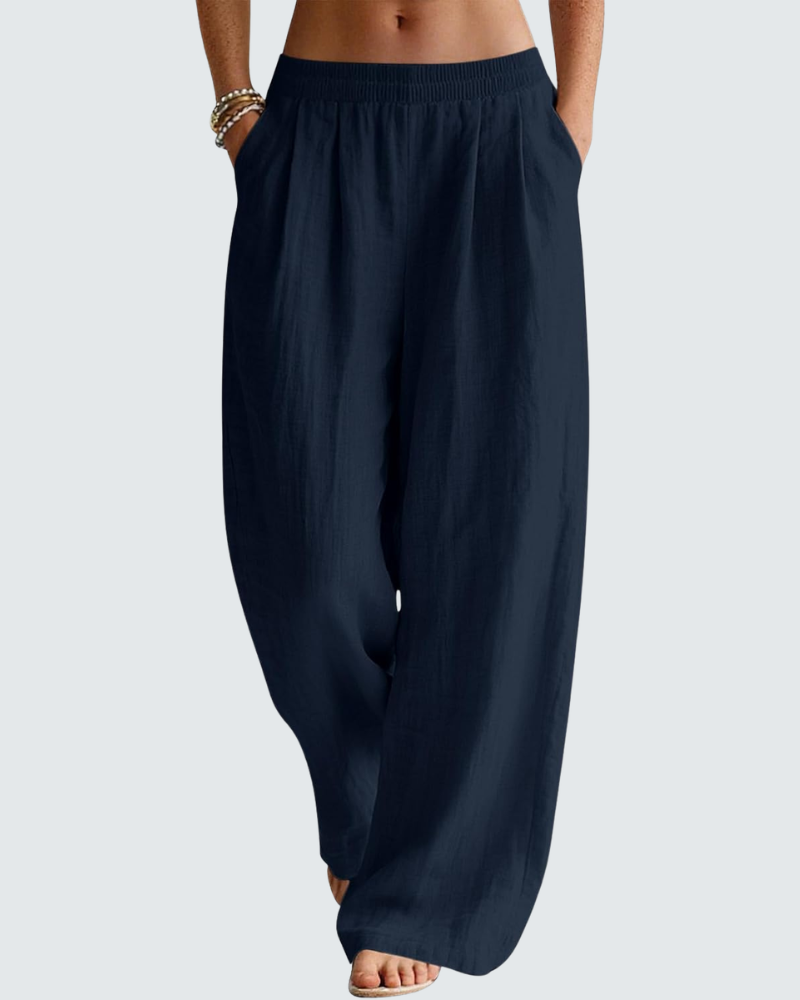 Pantalon Large Femme En Lin Et Coton Taille Élastique