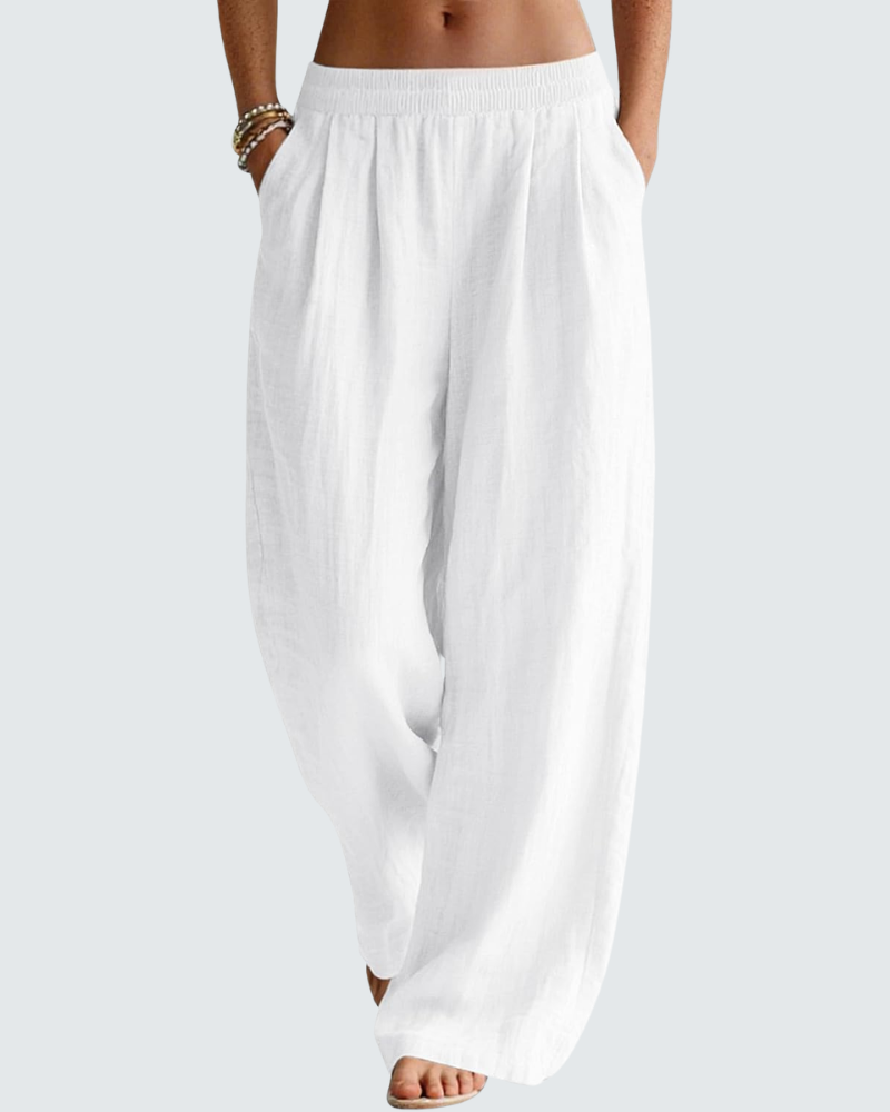 Pantalon Large Femme En Lin Et Coton Taille Élastique