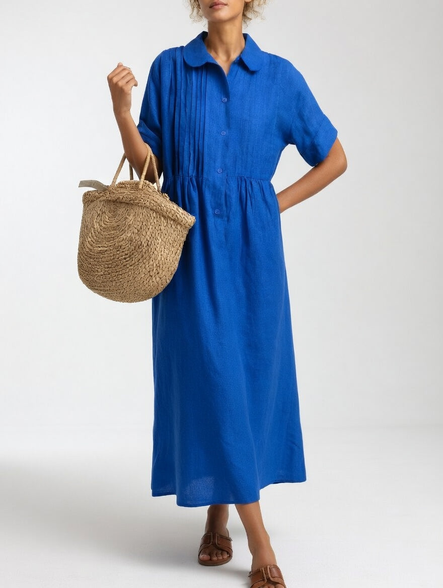 Robe Chemisier Longue Femme En Coton À Manches Courtes