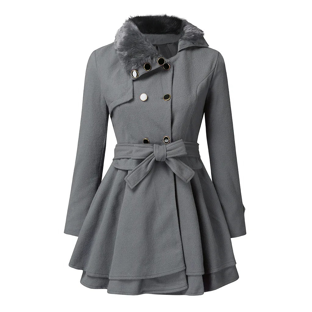 Trench long à ceinture et col en fausse fourrure pour femme