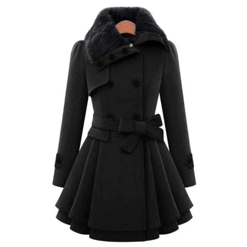 Trench long à ceinture et col en fausse fourrure pour femme