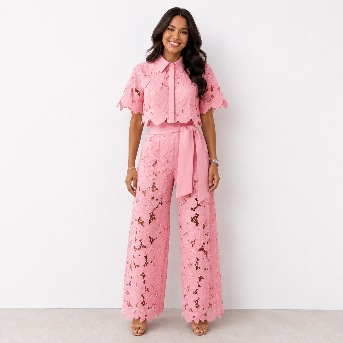 Ensemble fluide en dentelle florale pour femme