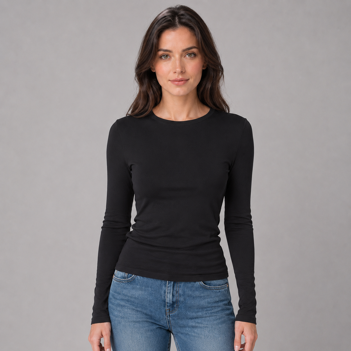 Top ajusté en maille fine extensible à col rond et manches longues pour femme
