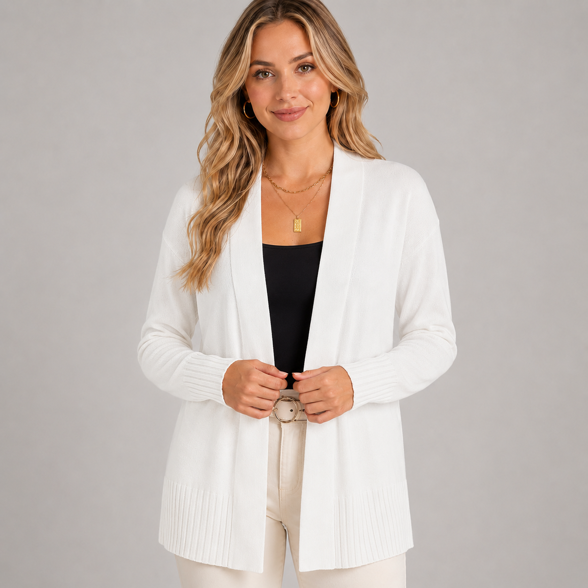Cardigan long à col V et épaules tombantes pour femme