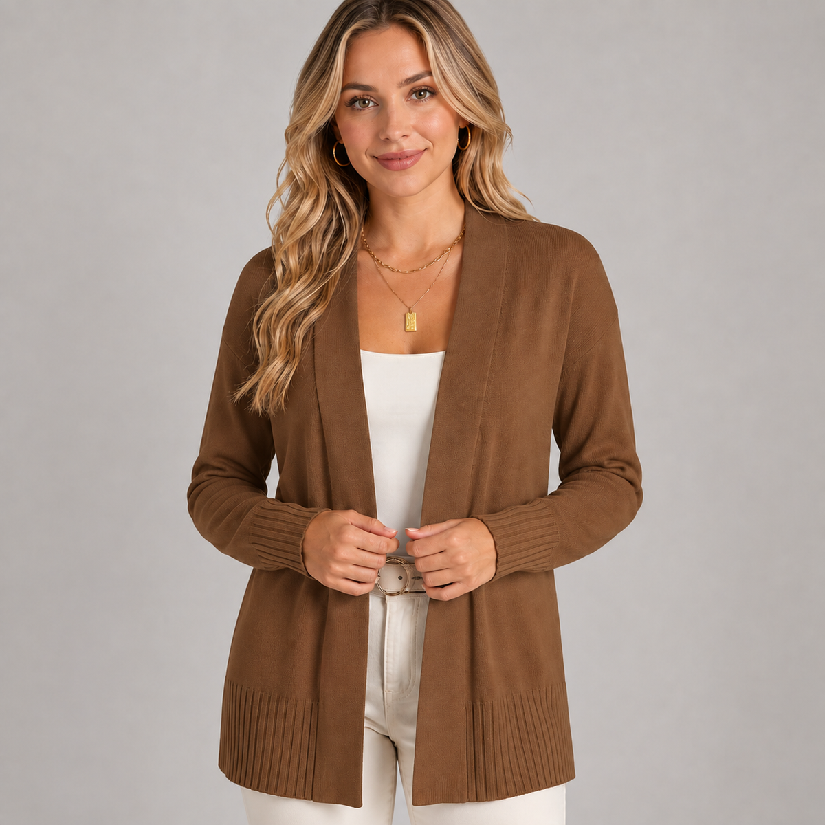 Cardigan long à col V et épaules tombantes pour femme