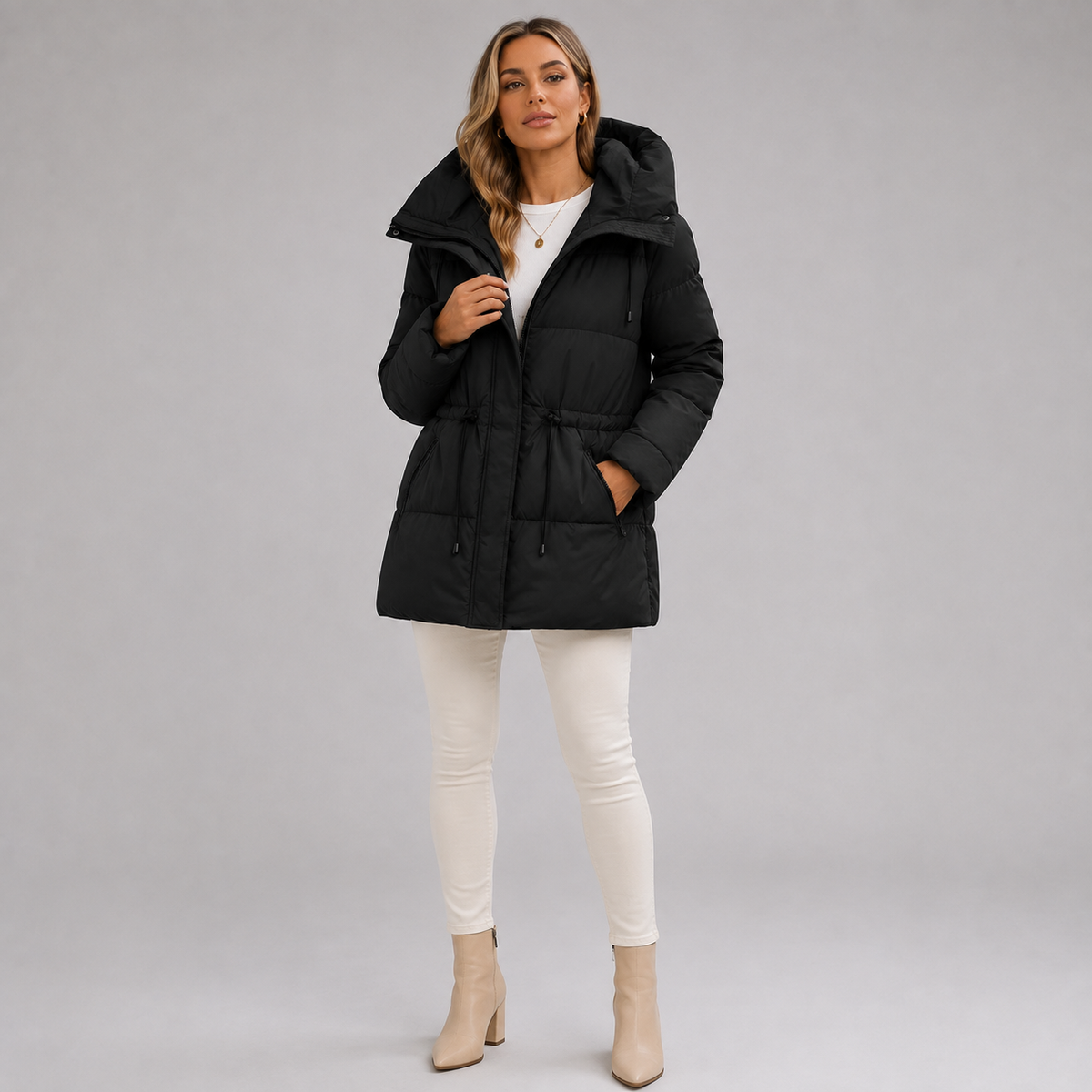 Parka mi-longue rembourrée à capuche et coupe droite pour femme