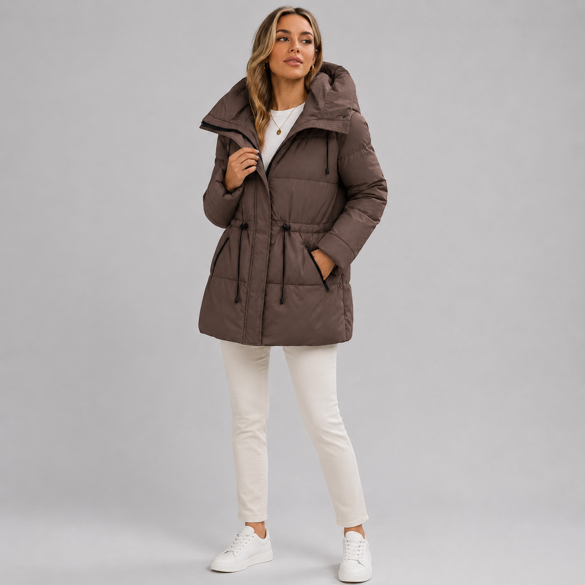 Parka mi-longue rembourrée à capuche et coupe droite pour femme