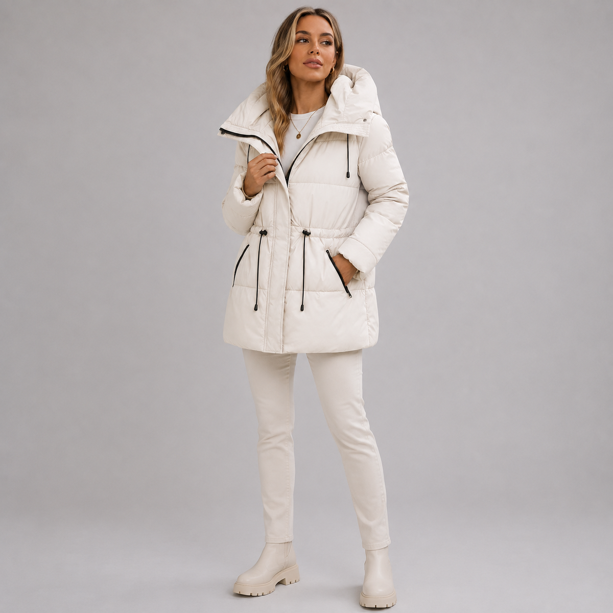 Parka mi-longue rembourrée à capuche et coupe droite pour femme