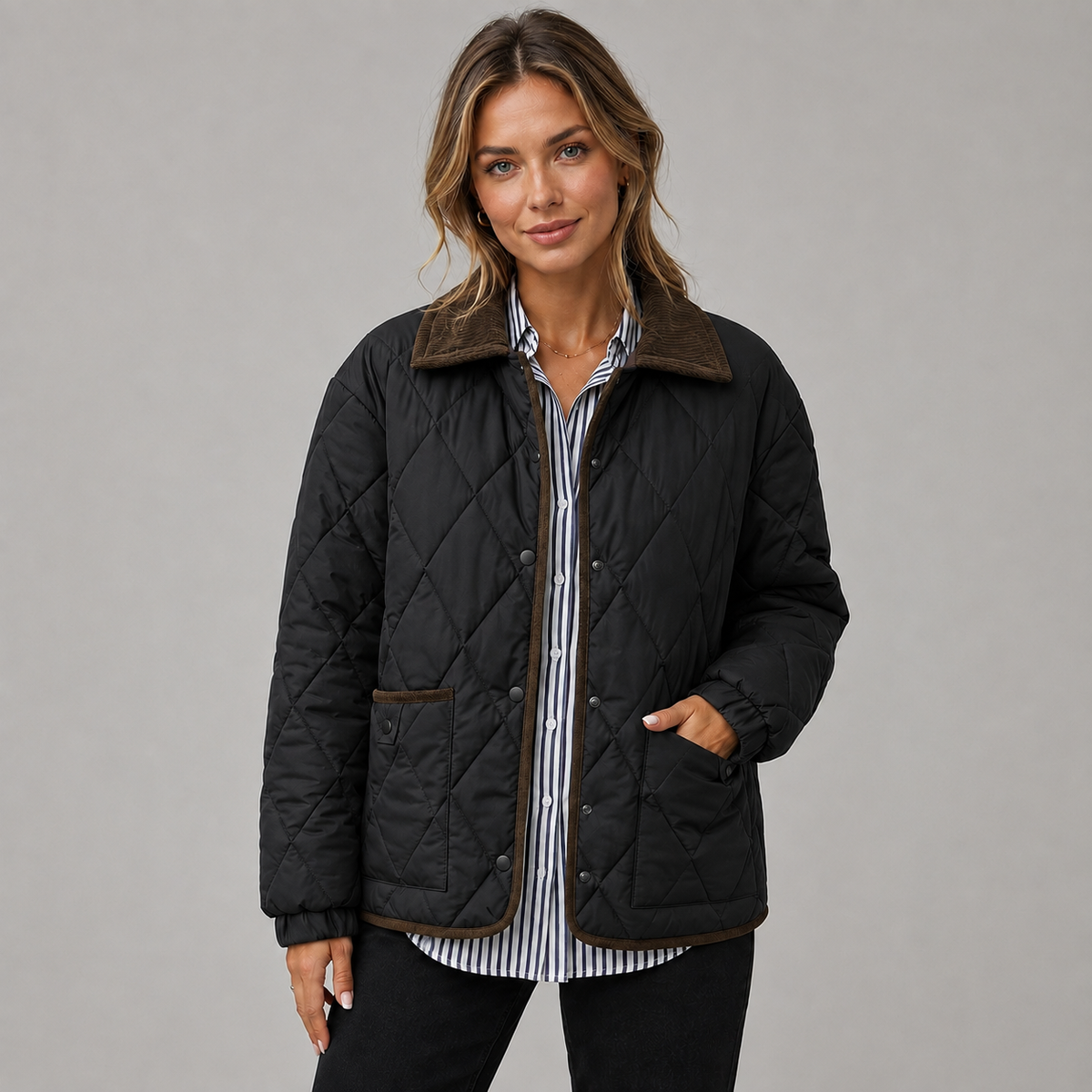 Veste matelassée courte à carreaux et col contrastant pour femme