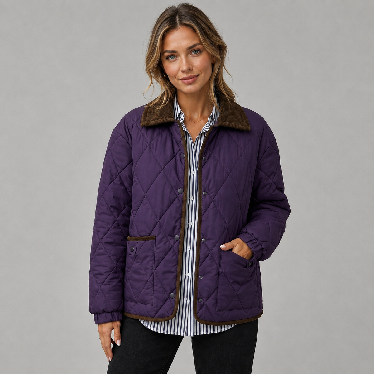 Veste matelassée courte à carreaux et col contrastant pour femme