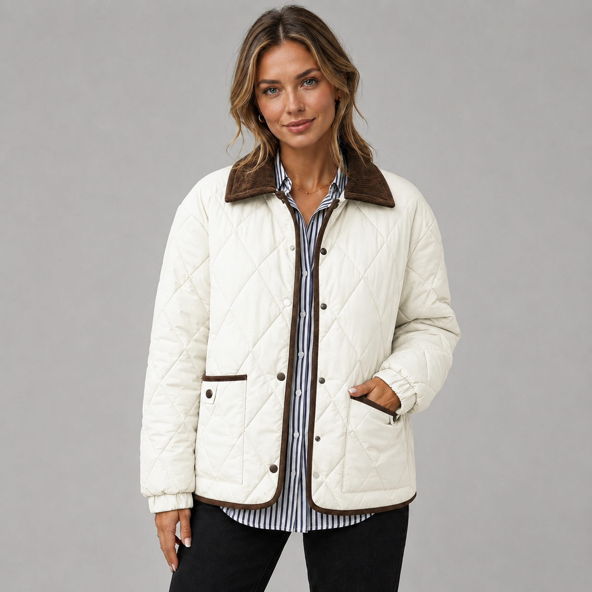 Veste matelassée courte à carreaux et col contrastant pour femme
