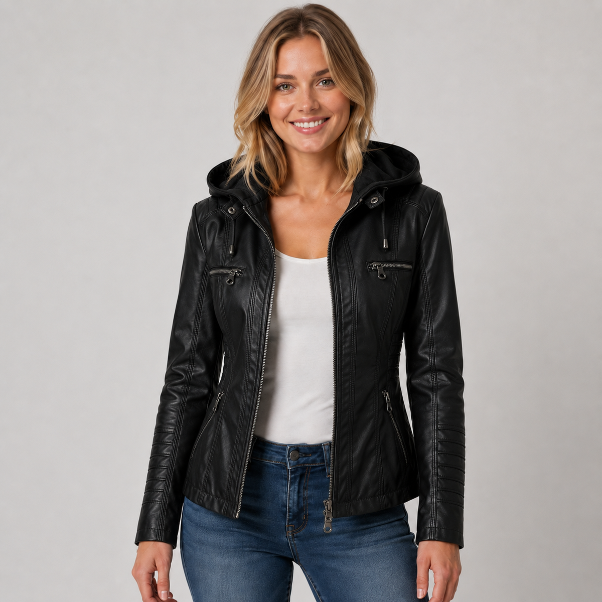 Veste zippée effet cuir à capuche amovible pour femme