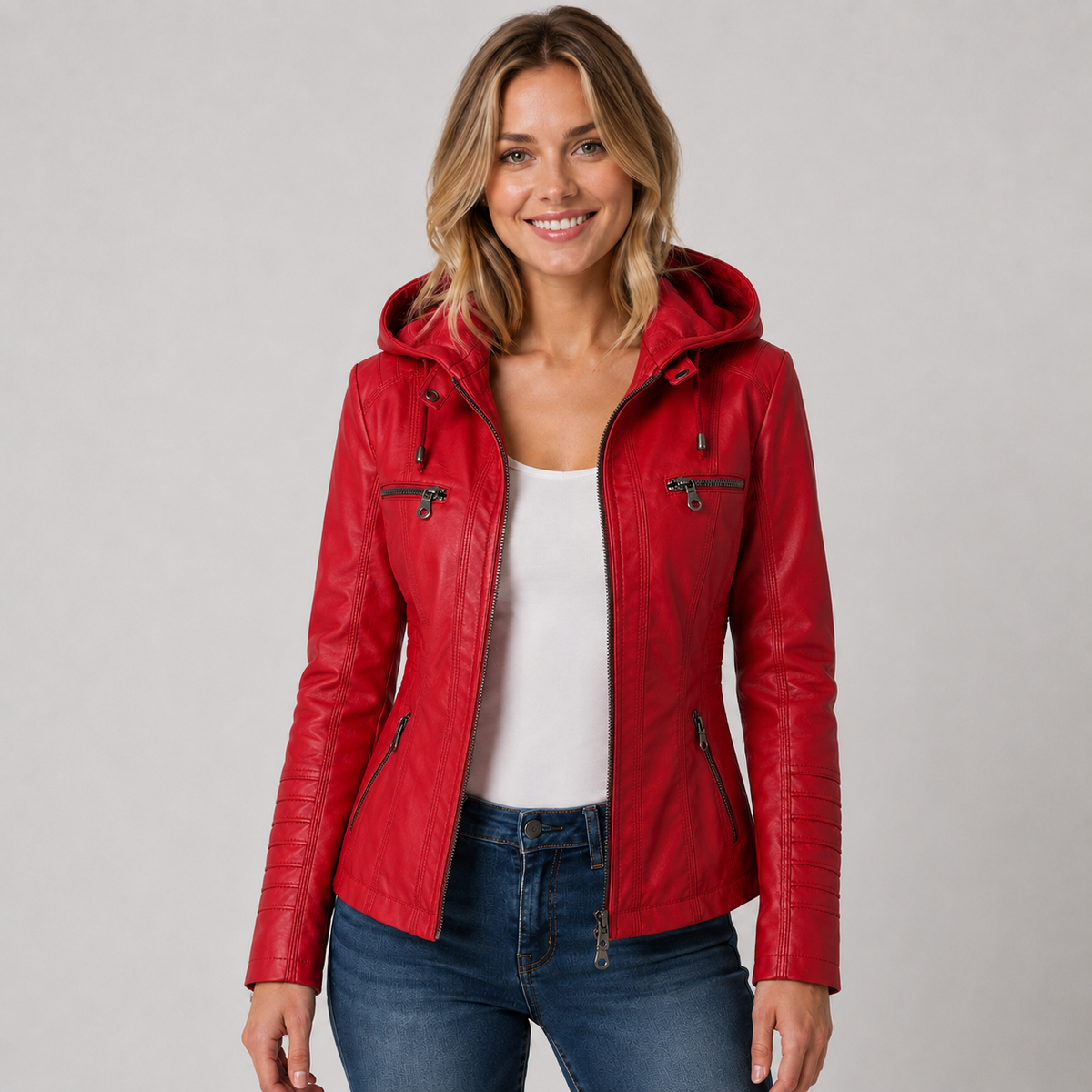 Veste zippée effet cuir à capuche amovible pour femme