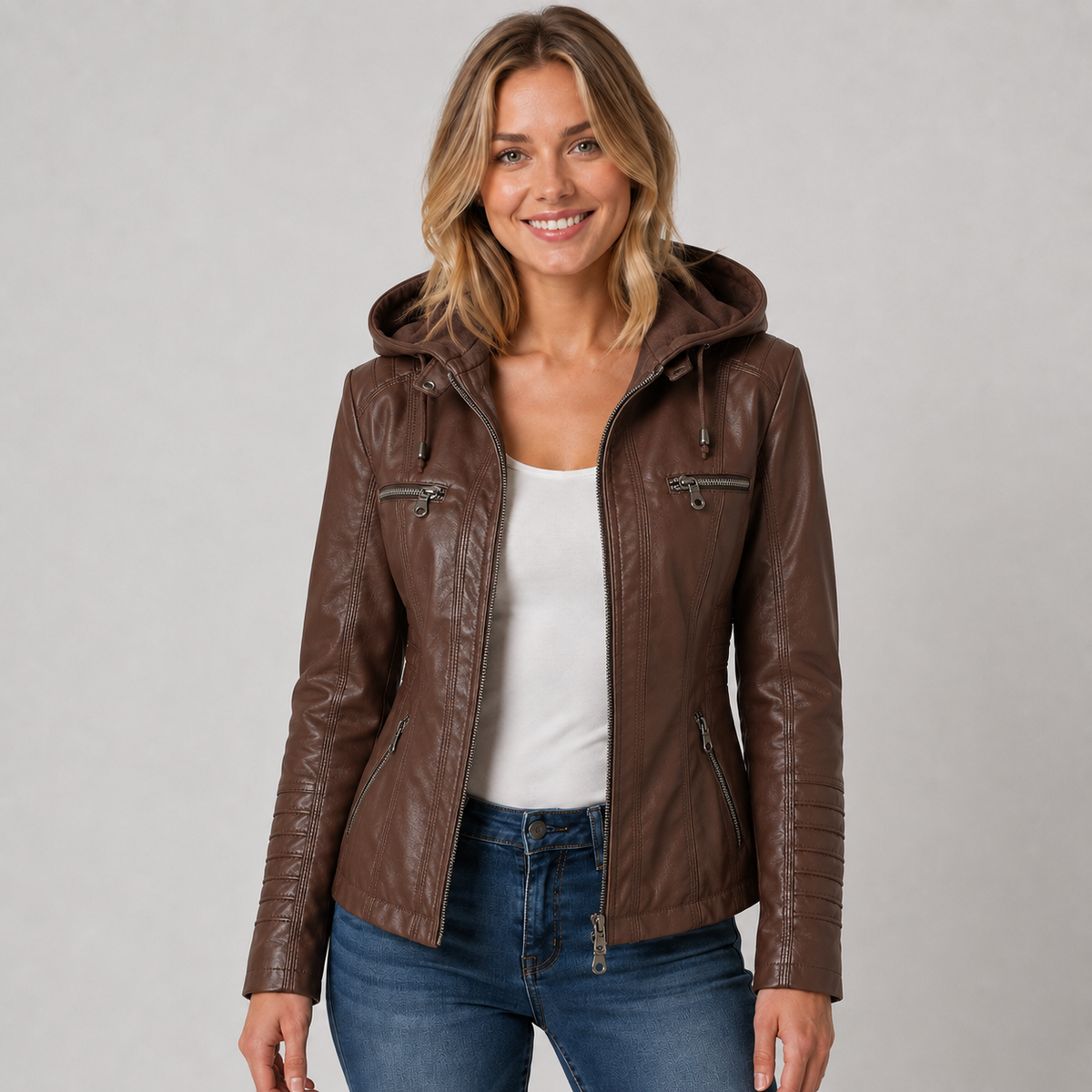 Veste zippée effet cuir à capuche amovible pour femme