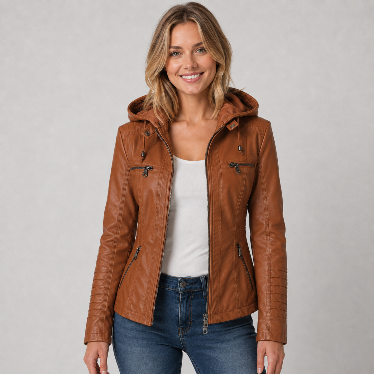 Veste zippée effet cuir à capuche amovible pour femme
