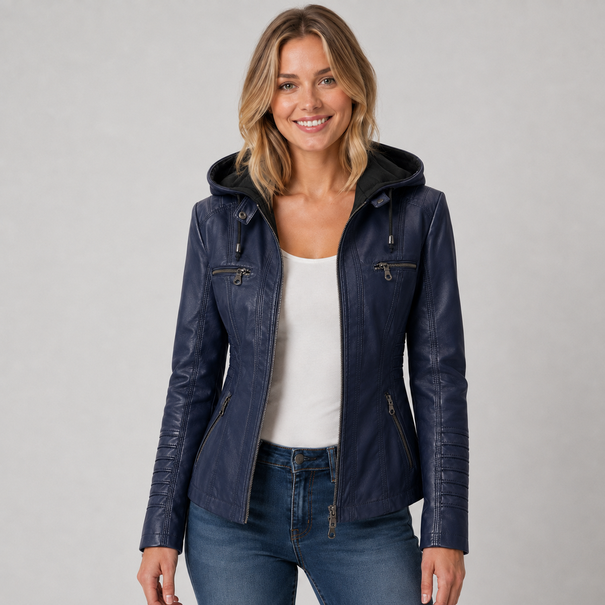 Veste zippée effet cuir à capuche amovible pour femme