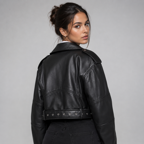 Blouson motard court effet cuir à ceinture ajustable pour femme
