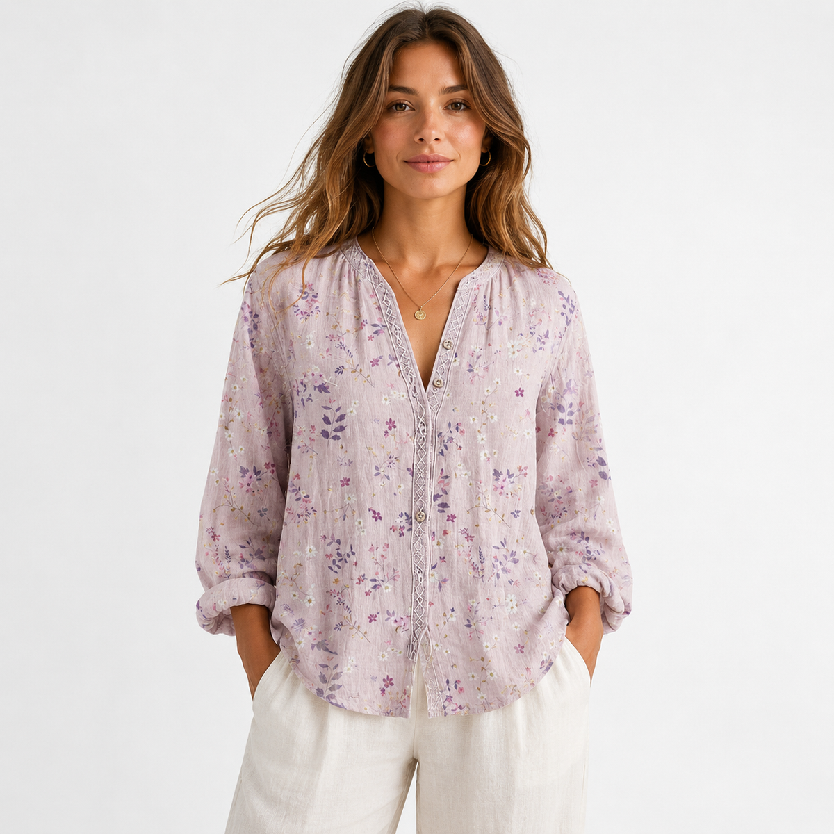 Chemise ample fleurie à col V et manches longues pour femme