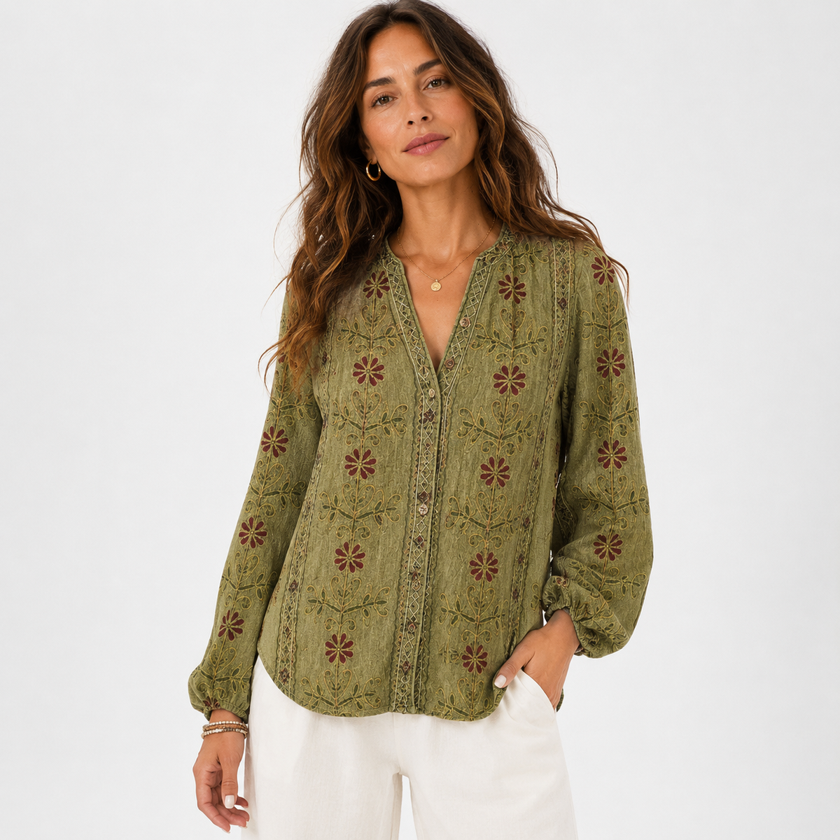 Chemise ample fleurie à col V et manches longues pour femme