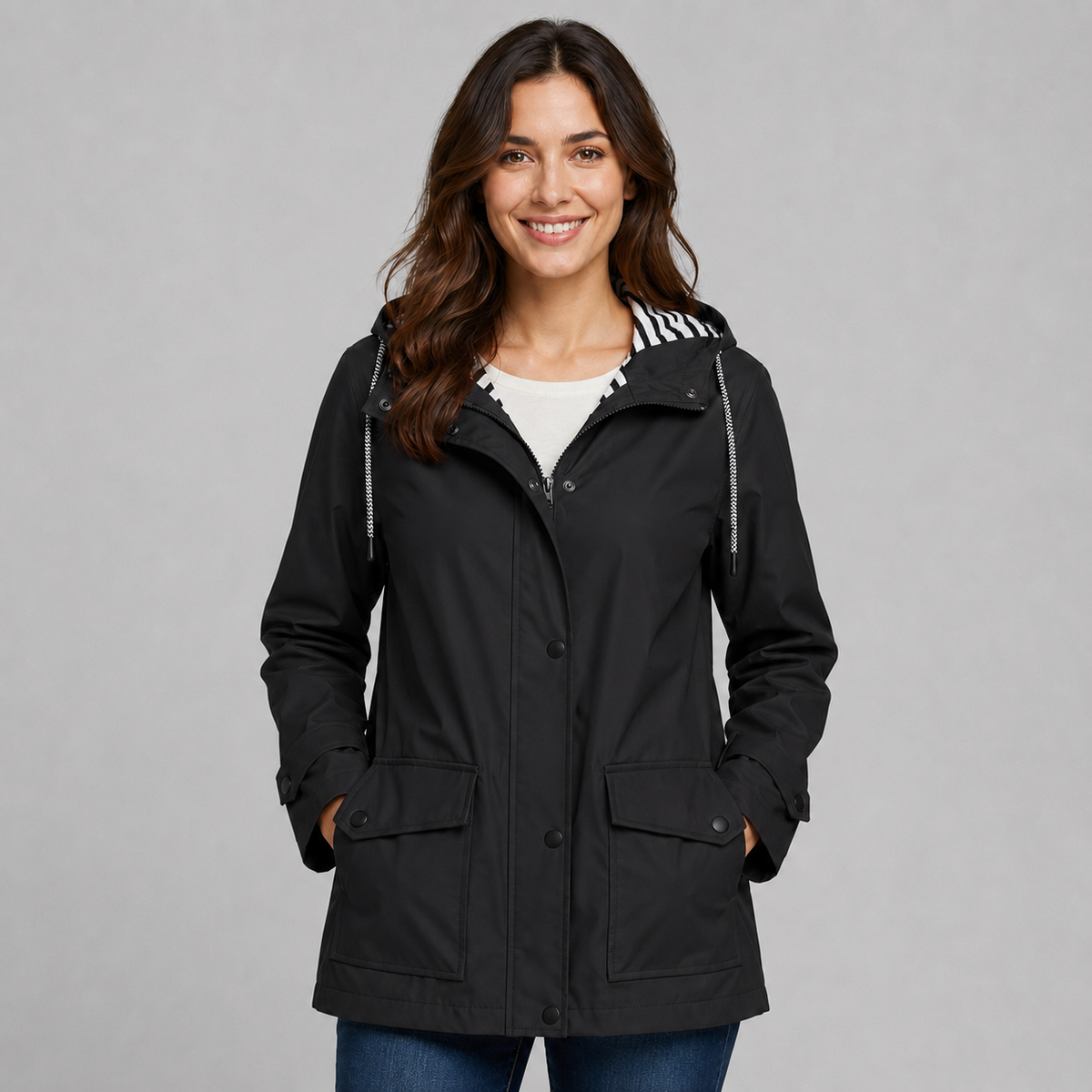 Trench long boutonné à capuche pour femme