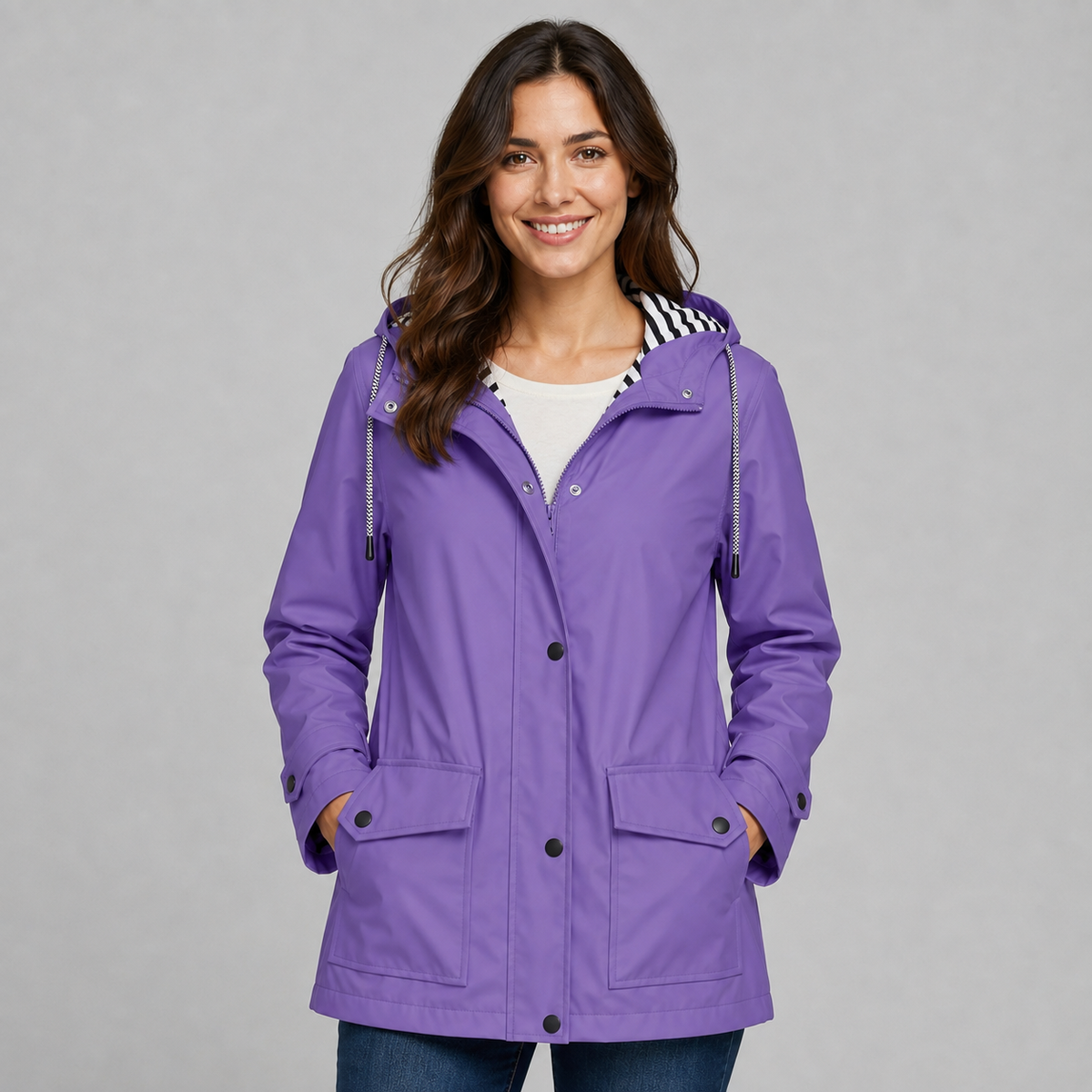 Trench long boutonné à capuche pour femme