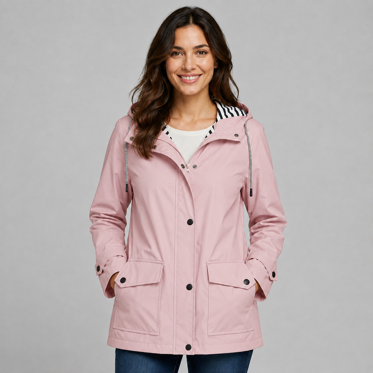Trench long boutonné à capuche pour femme