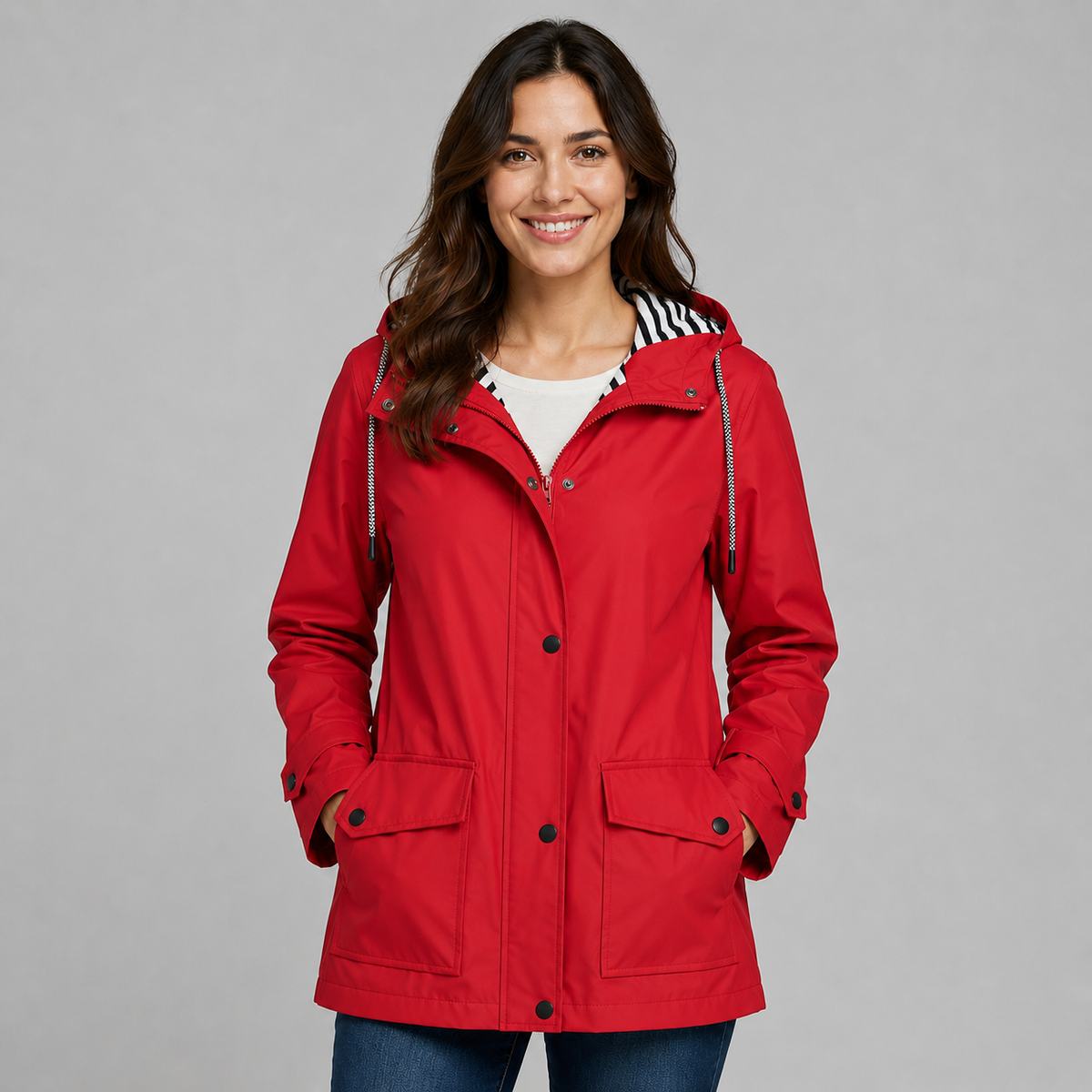 Trench long boutonné à capuche pour femme