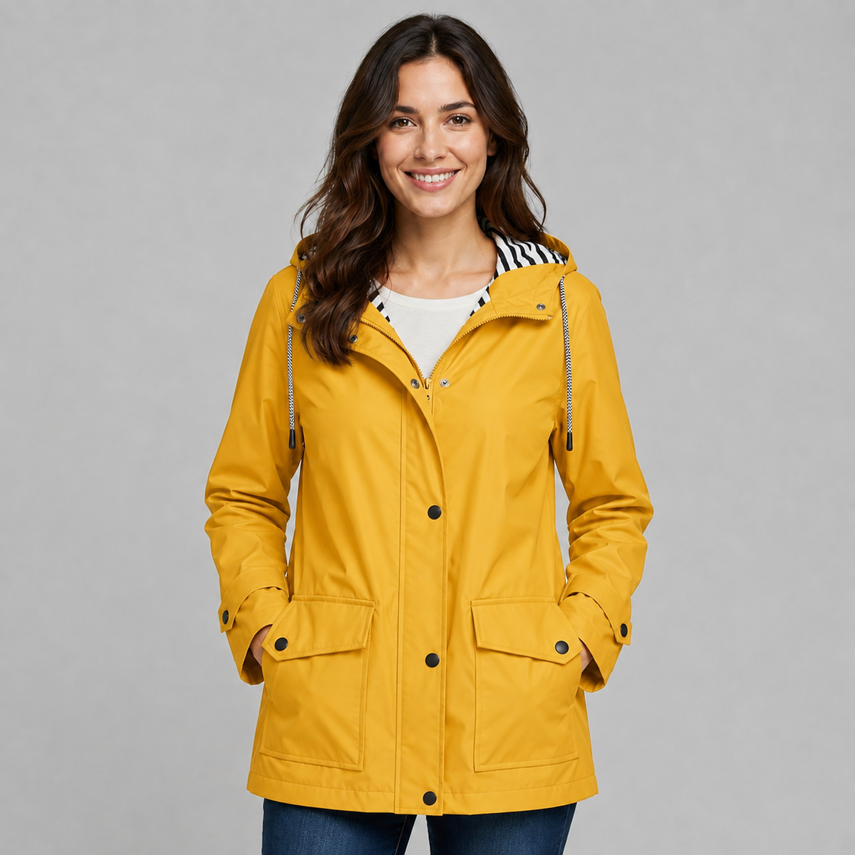 Trench long boutonné à capuche pour femme