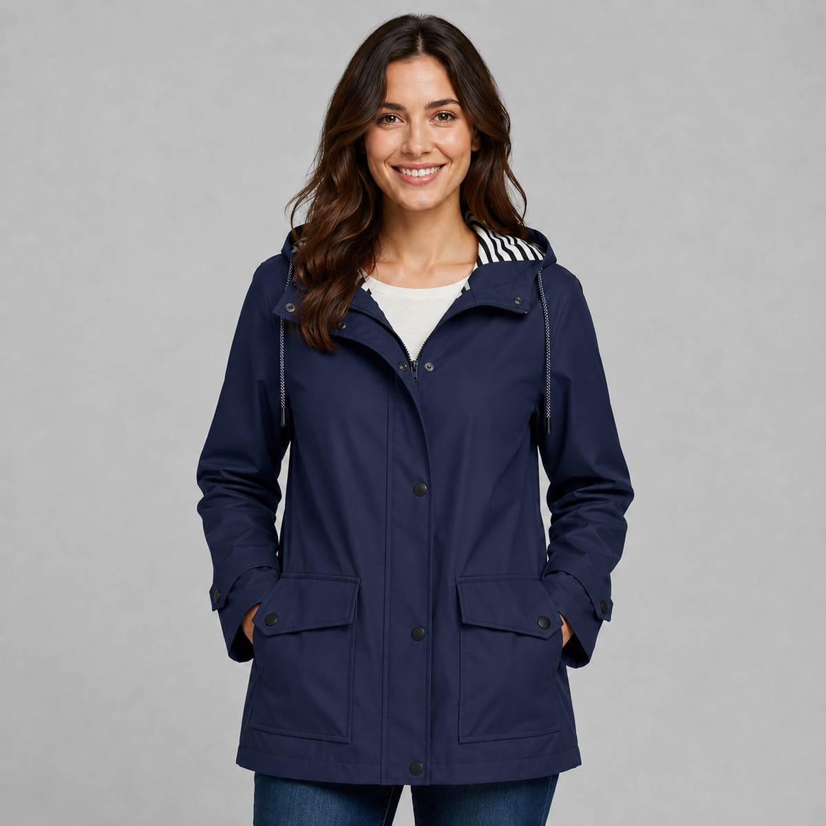 Trench long boutonné à capuche pour femme