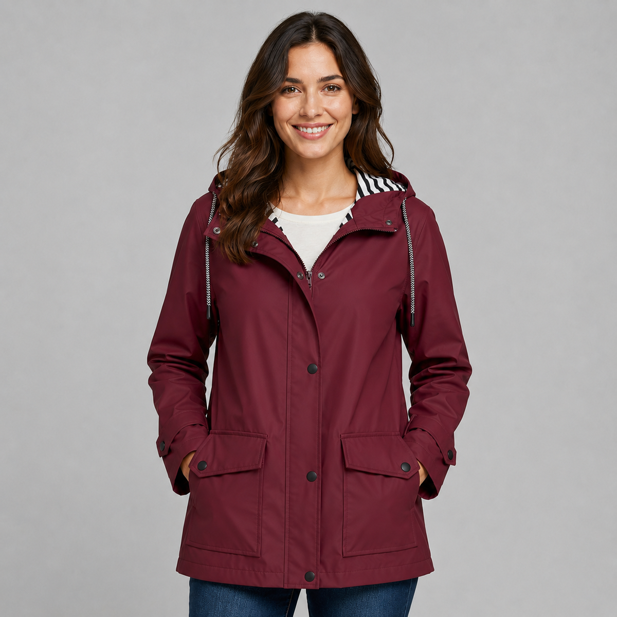 Trench long boutonné à capuche pour femme