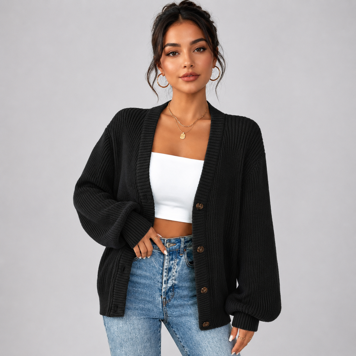 Cardigan boutonné à col V en maille souple pour femme