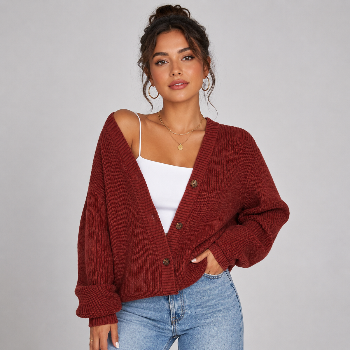 Cardigan boutonné à col V en maille souple pour femme