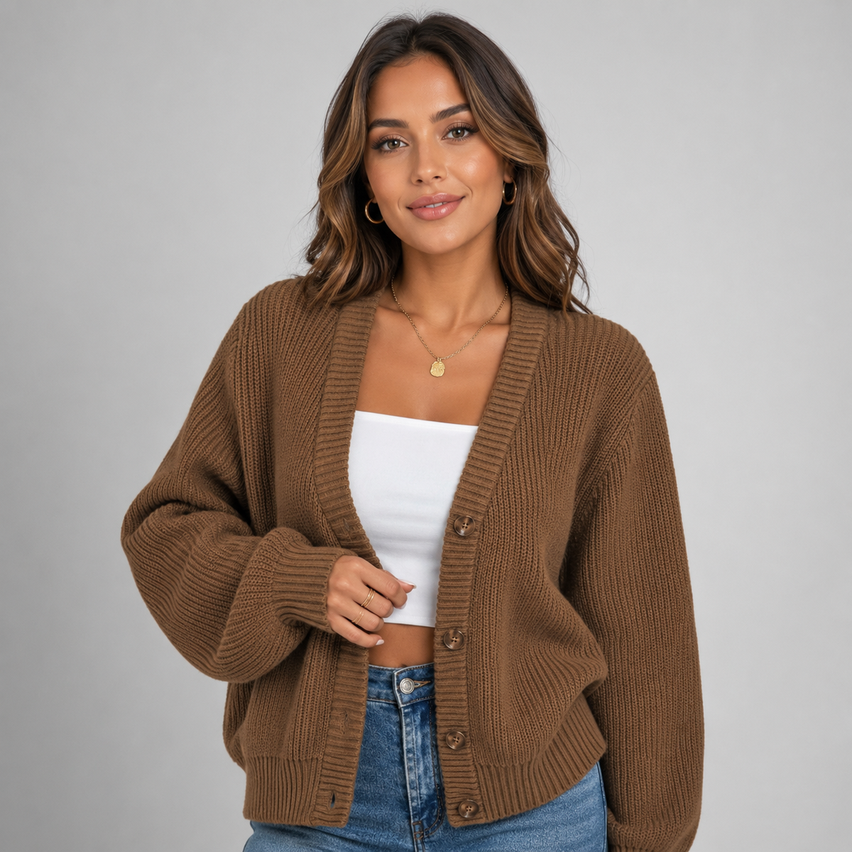 Cardigan boutonné à col V en maille souple pour femme