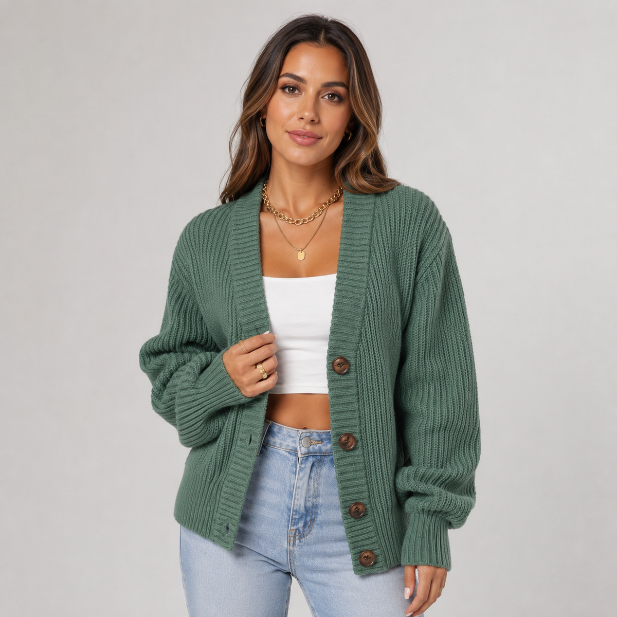Cardigan boutonné à col V en maille souple pour femme