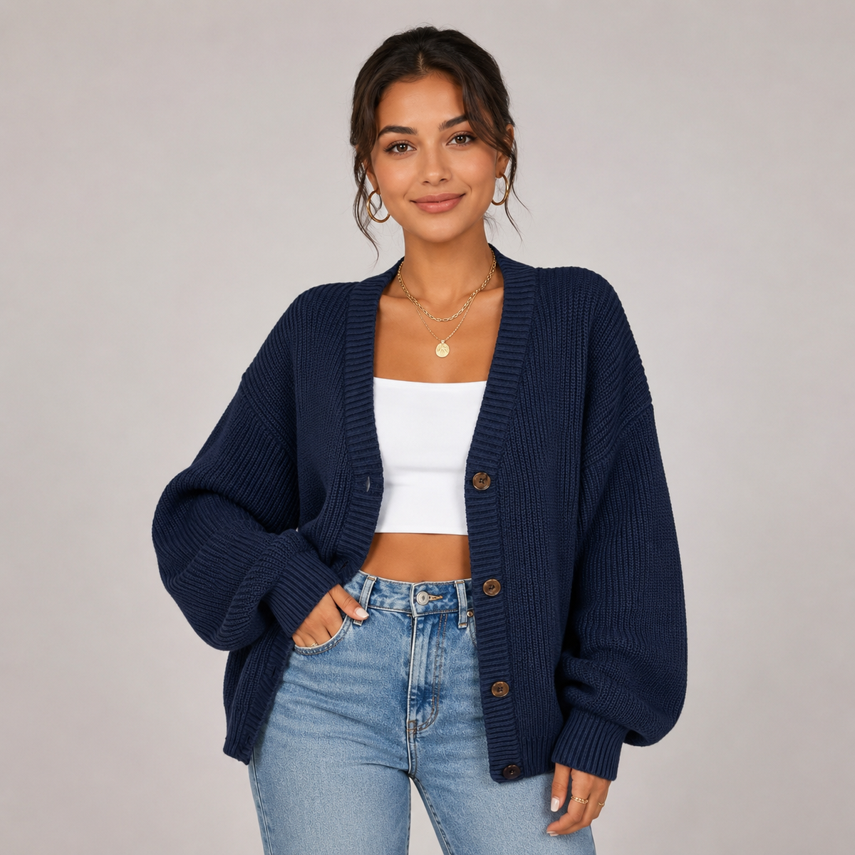 Cardigan boutonné à col V en maille souple pour femme