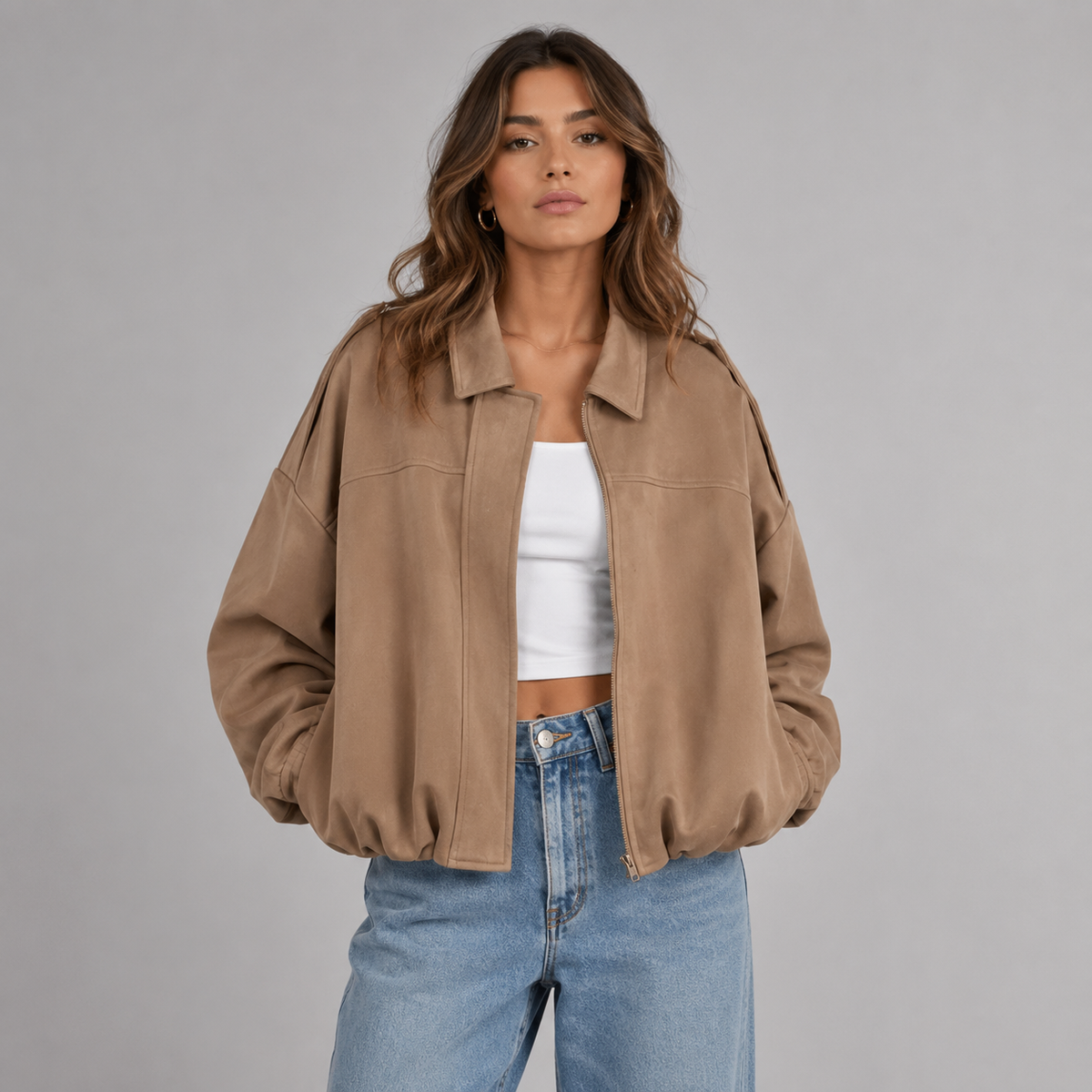 Blouson en suédine à col rabattu et finitions côtelées pour femme