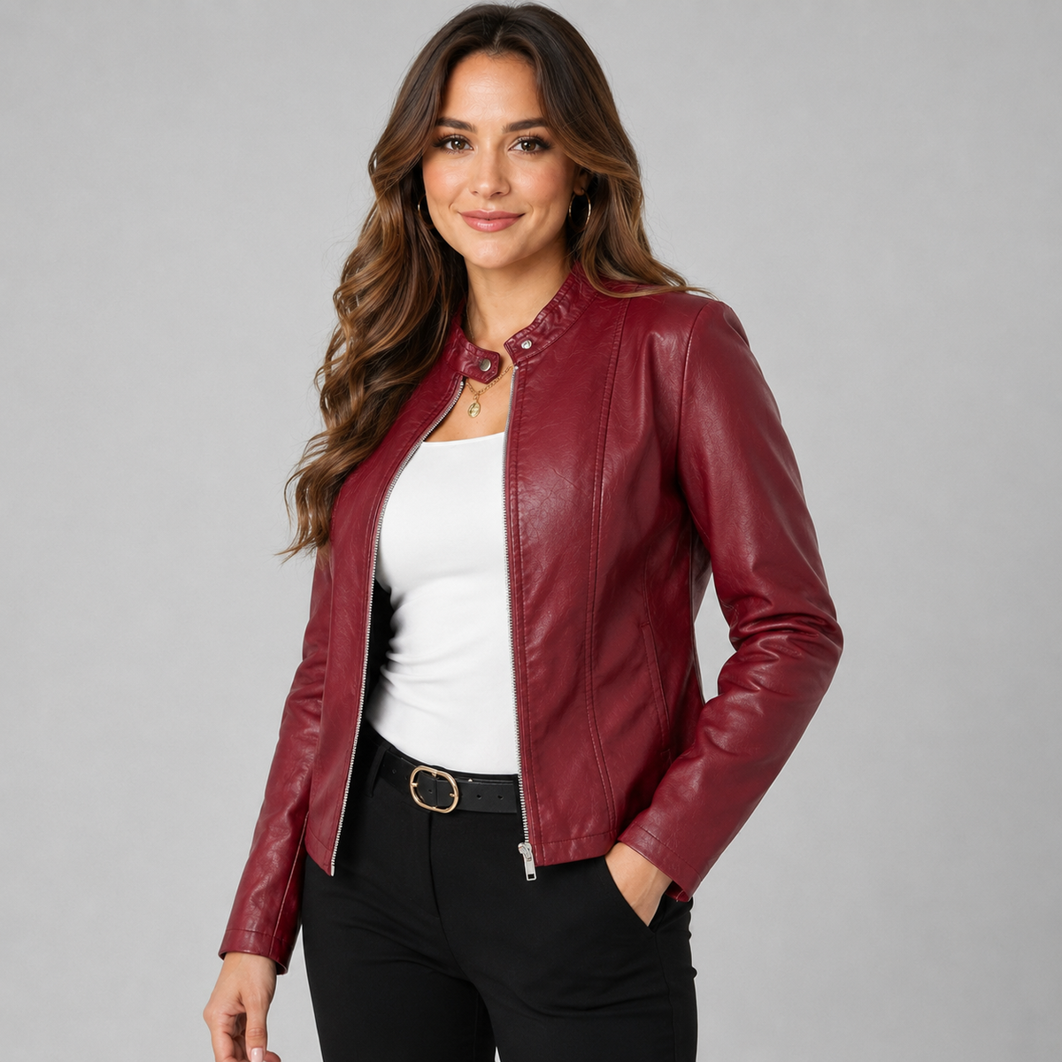 Veste motard en simili cuir à col montant zippée pour femme