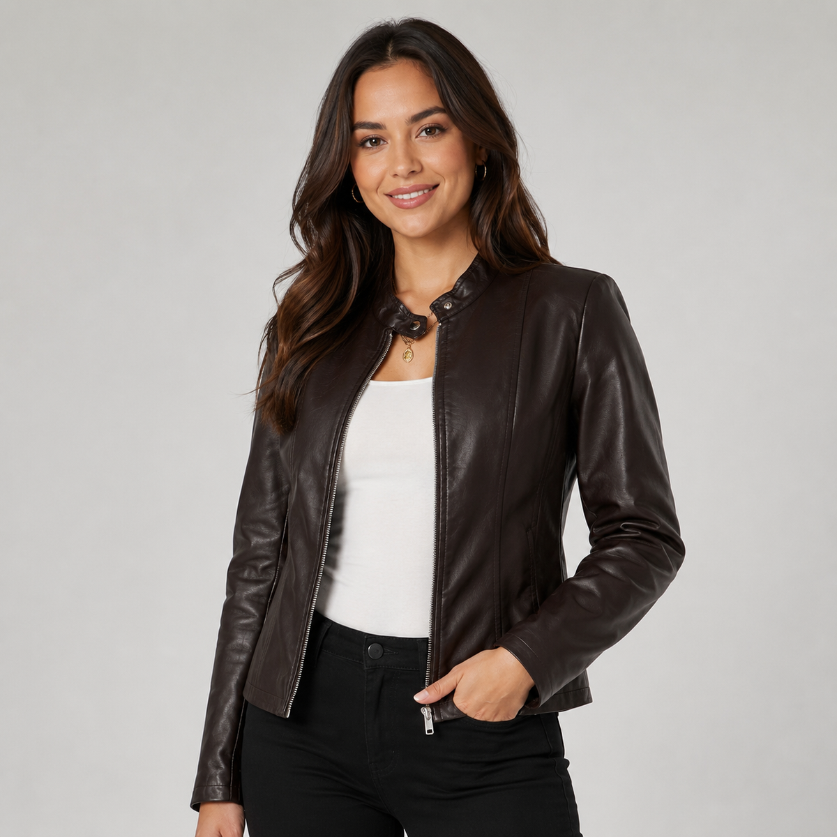 Veste motard en simili cuir à col montant zippée pour femme