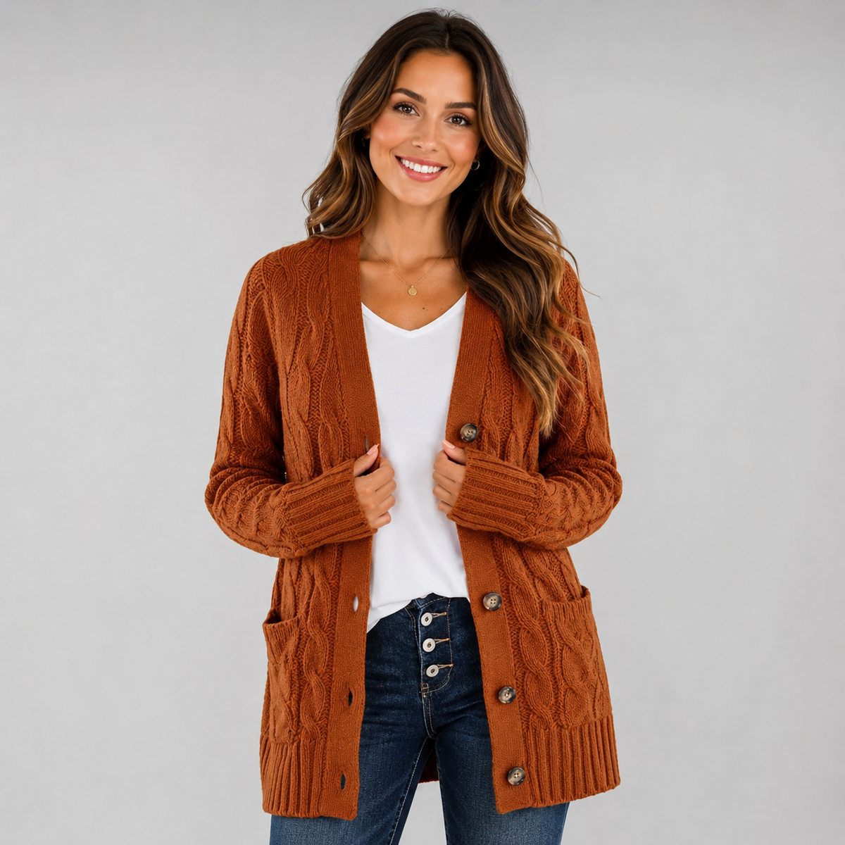 Cardigan en maille torsadée à col V boutonné pour femme