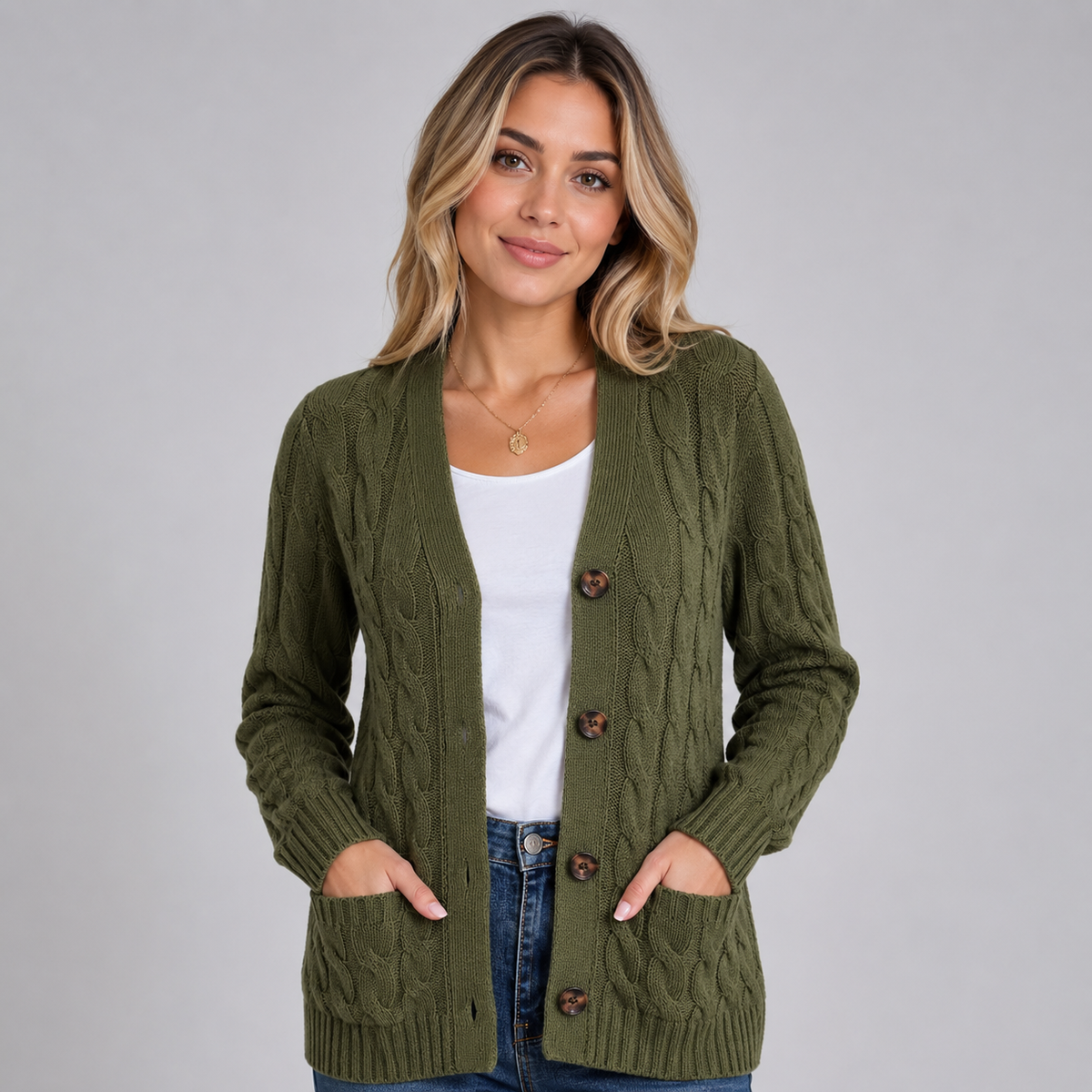 Cardigan en maille torsadée à col V boutonné pour femme
