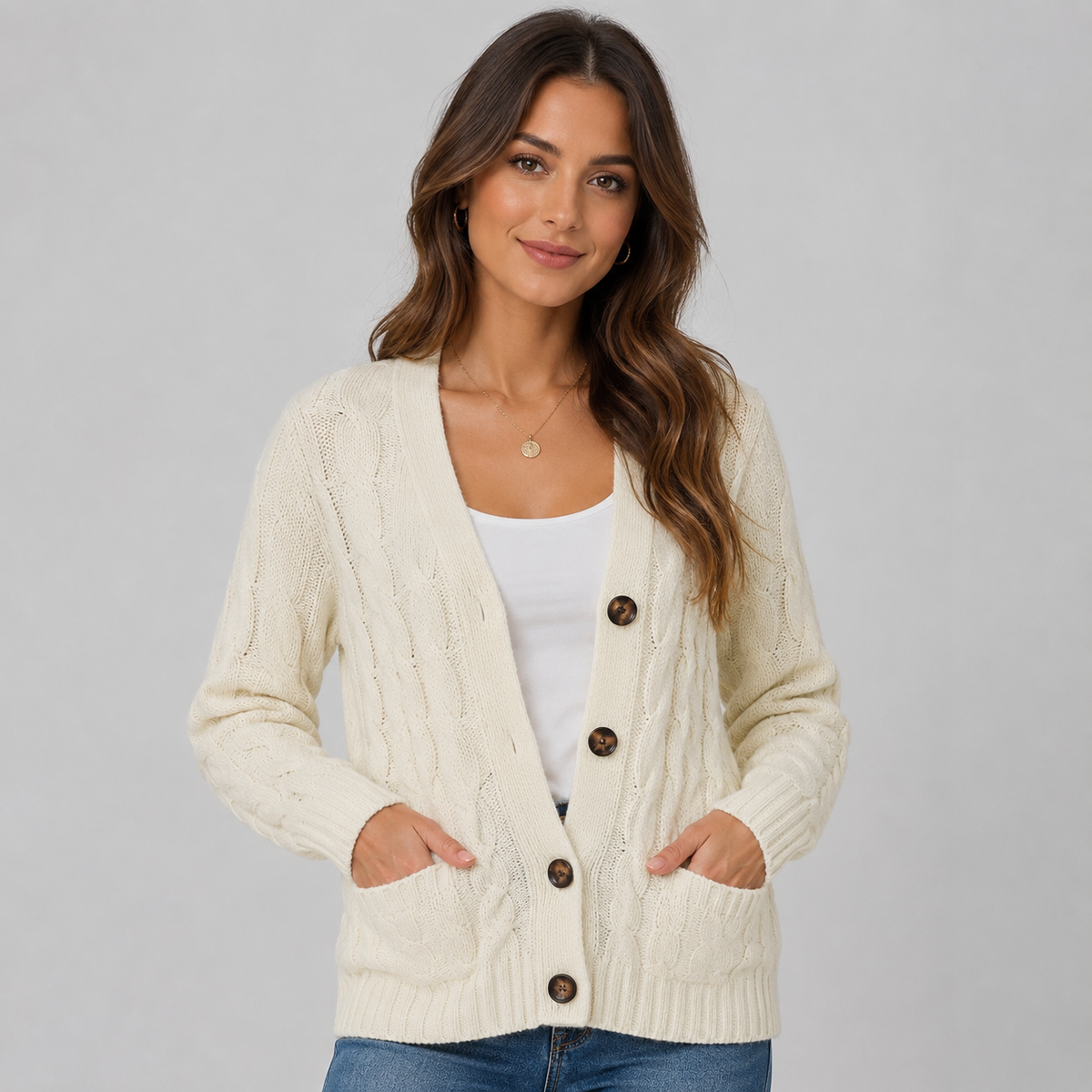 Cardigan en maille torsadée à col V boutonné pour femme
