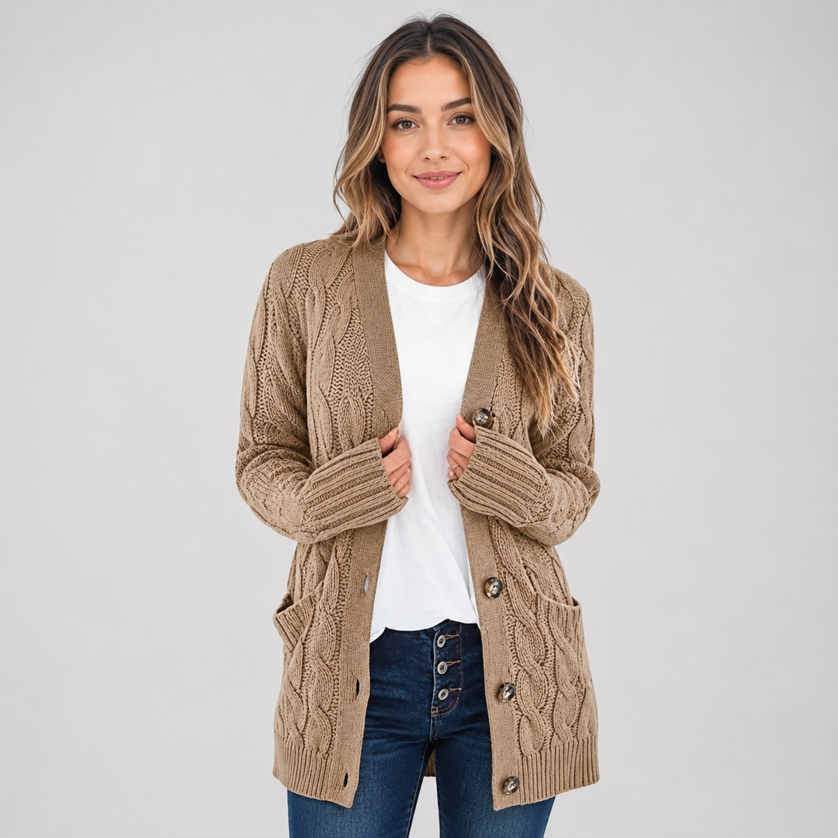 Cardigan en maille torsadée à col V boutonné pour femme
