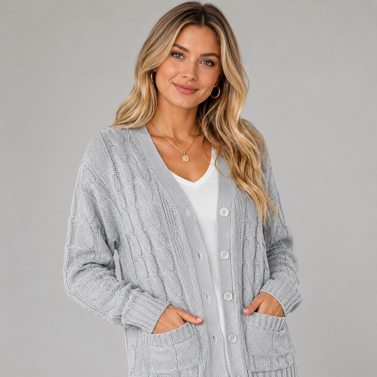 Cardigan en maille torsadée à col V boutonné pour femme
