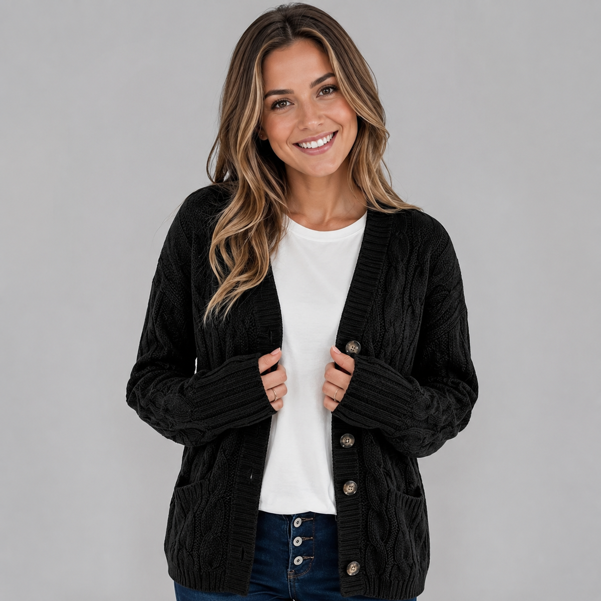 Cardigan en maille torsadée à col V boutonné pour femme