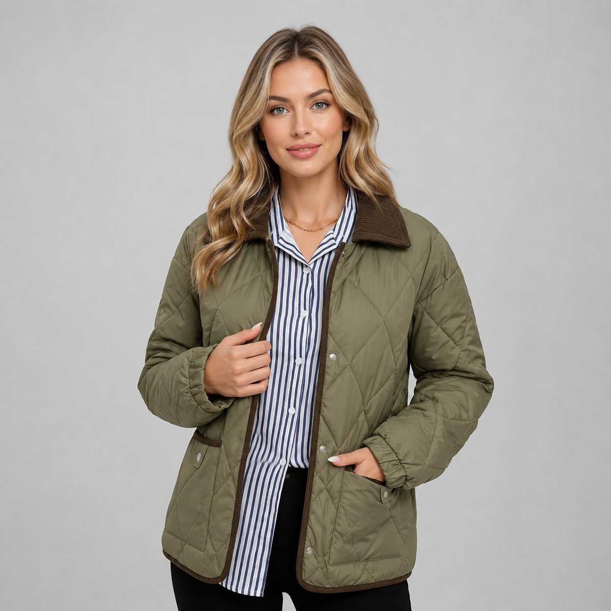 Veste matelassée courte à carreaux et col contrastant pour femme
