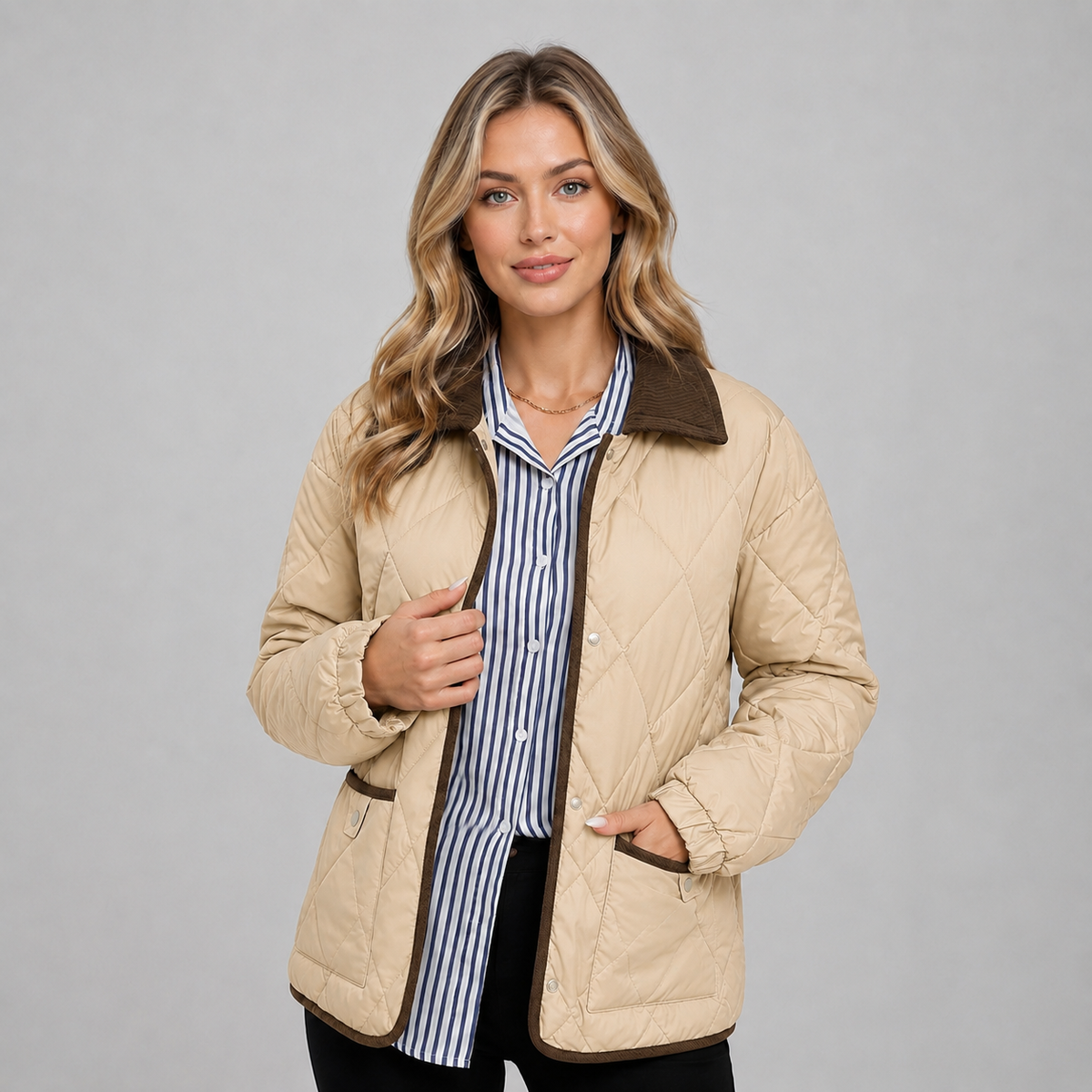 Veste matelassée courte à carreaux et col contrastant pour femme