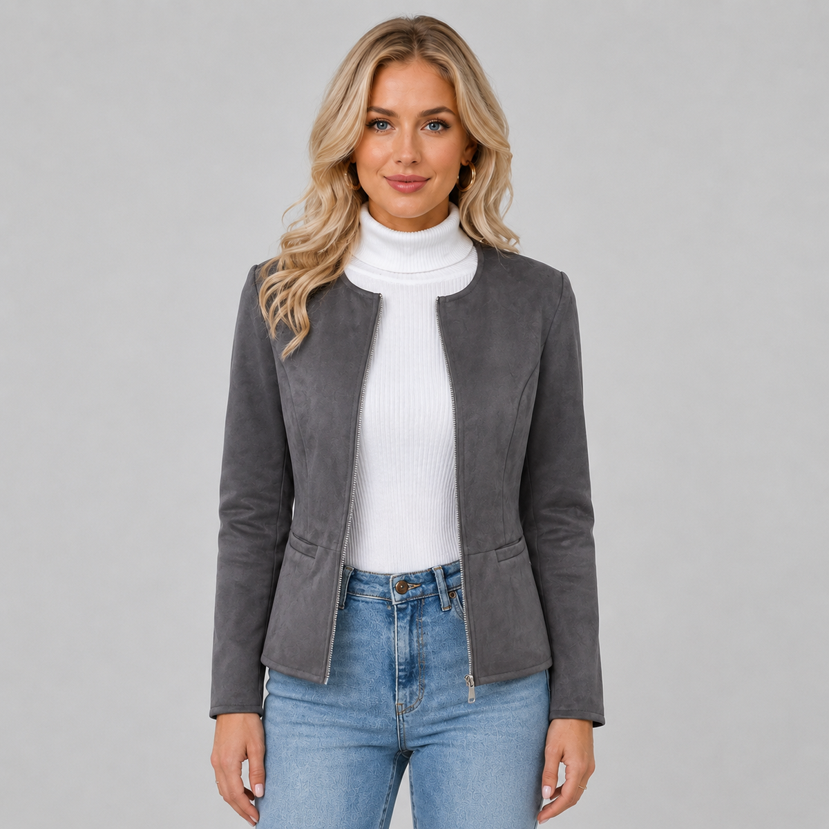 Veste courte cintrée en suédine à encolure ronde pour femme