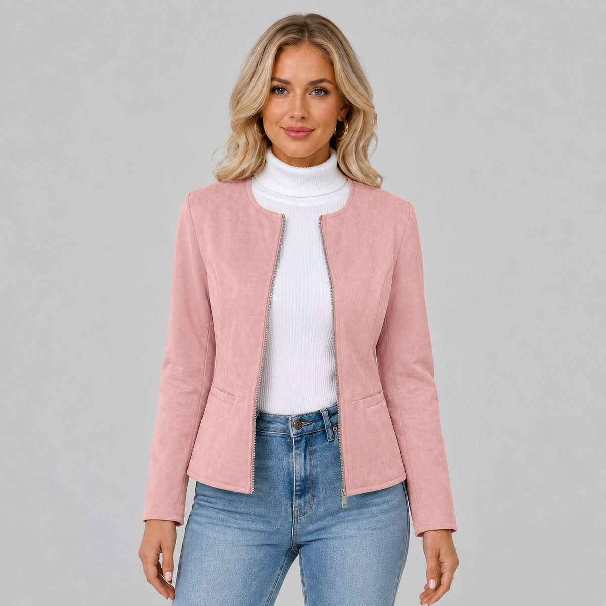 Veste courte cintrée en suédine à encolure ronde pour femme