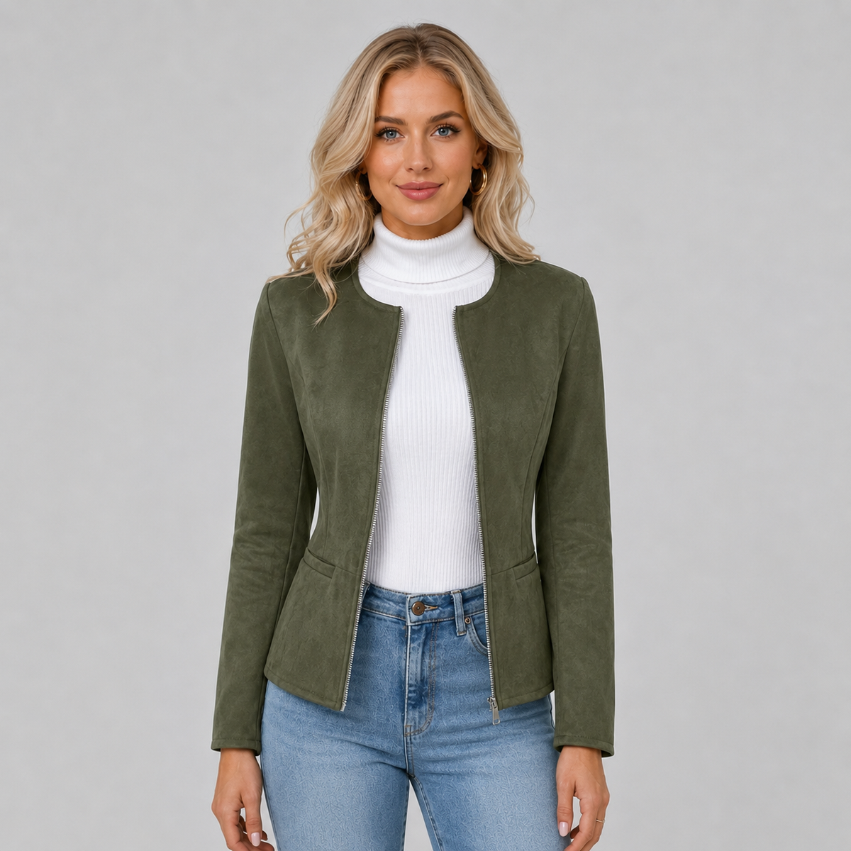 Veste courte cintrée en suédine à encolure ronde pour femme